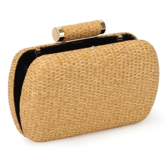 Tan Rattan Hard Case Clutch Purse Woven Wicker Handbag Crossbody Bag Long Chain - Picture 6 of 13